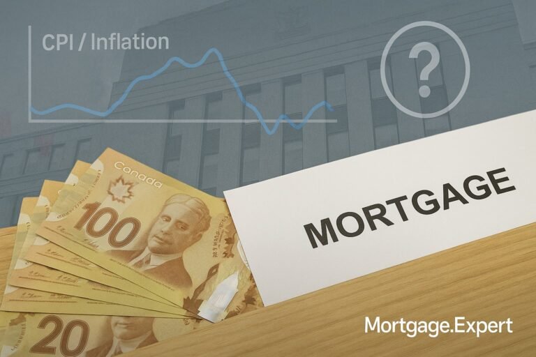 Canadian mortgage costs visual with currency, mortgage contract, and inflation chart symbolizing Bank of Canada debate.