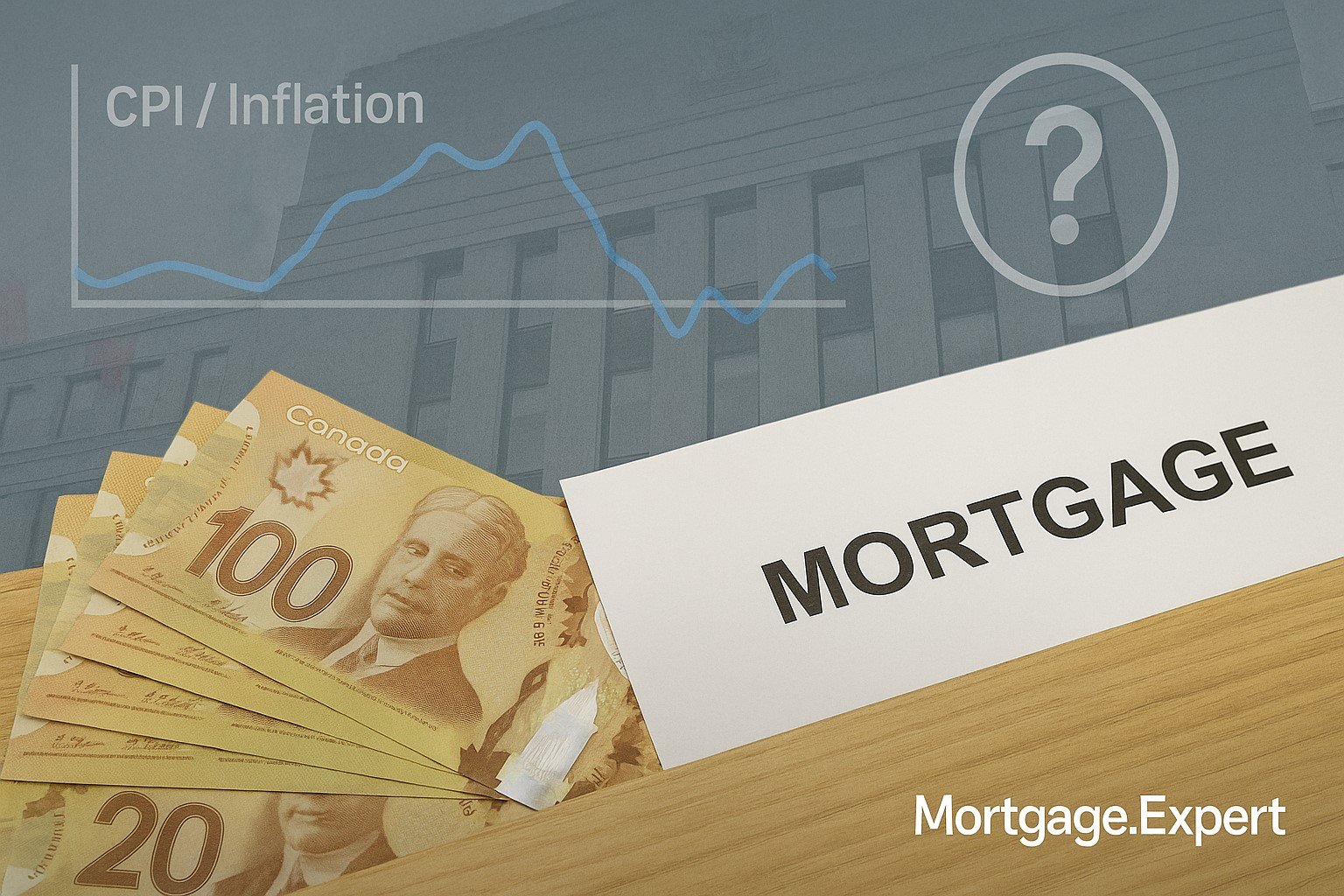 Canadian mortgage costs visual with currency, mortgage contract, and inflation chart symbolizing Bank of Canada debate.
