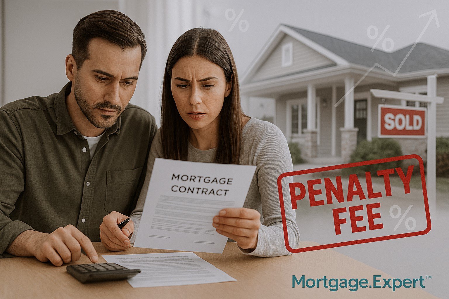 “Canadian homeowners reviewing mortgage contract with calculator, highlighting prepayment penalty costs.”