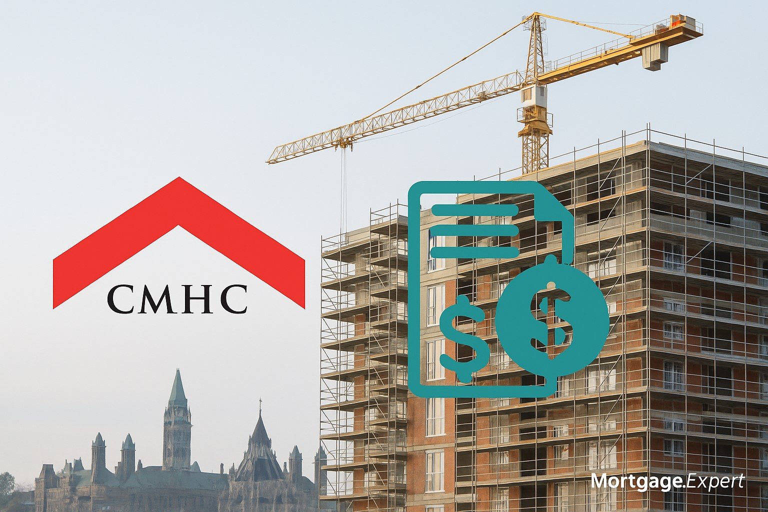 “Construction site in Ottawa with crane and apartment scaffolding, CMHC logo, Parliament Hill skyline in background, and financing symbol overlay. Mortgage.Expert watermark at bottom-right.”