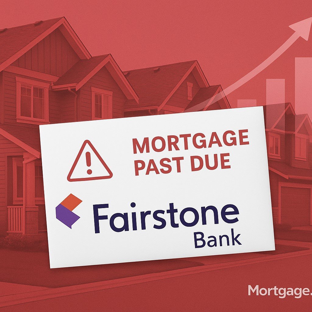 "Fairstone Bank mortgage past due notice with suburban Canadian homes and rising delinquency chart in background, highlighting growing mortgage stress."