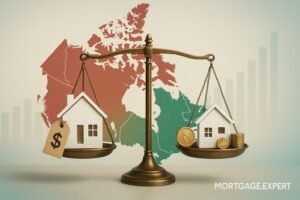 “Balance scale comparing housing affordability across Canada — high-priced homes in Toronto/Halifax weighed against affordable homes with coins in Edmonton, set against a red-green Canada map backdrop.”