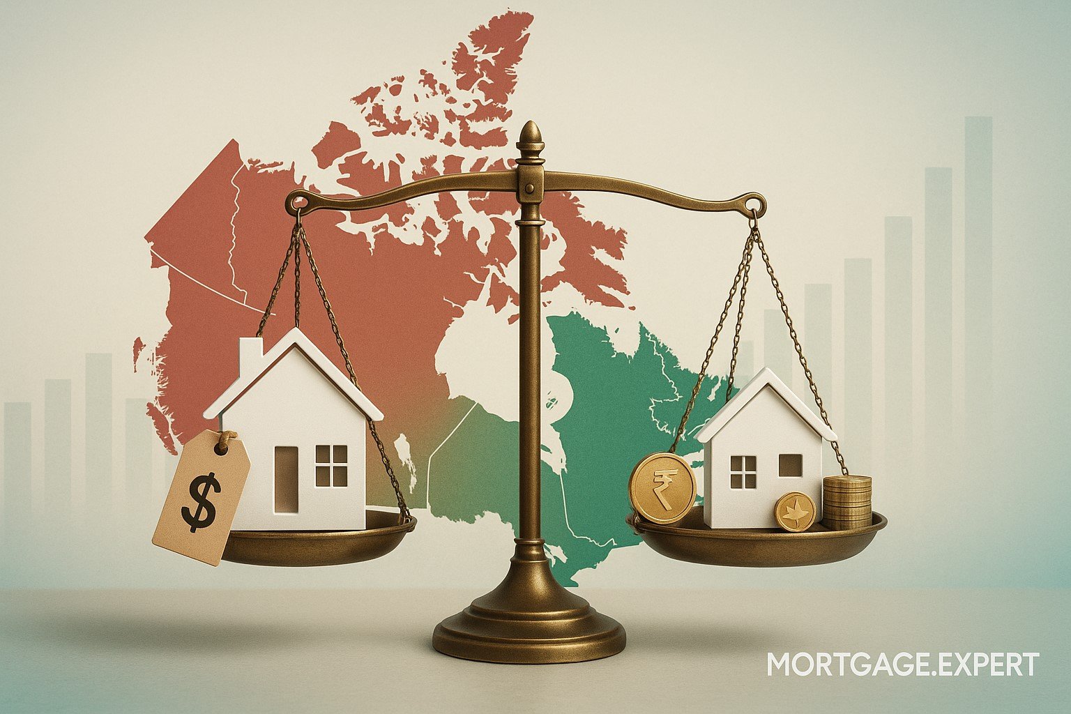 “Balance scale comparing housing affordability across Canada — high-priced homes in Toronto/Halifax weighed against affordable homes with coins in Edmonton, set against a red-green Canada map backdrop.”