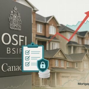 “OSFI headquarters with housing backdrop and compliance checklist overlay, symbolizing stricter mortgage oversight in Canada.”