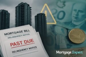 “Canadian condo towers with overdue mortgage bills and warning symbol, reflecting OSFI’s warning on housing stress.”