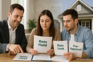 “Canadian couple reviewing rate hold, rate lock, and pre-approval documents with home purchase in background.”