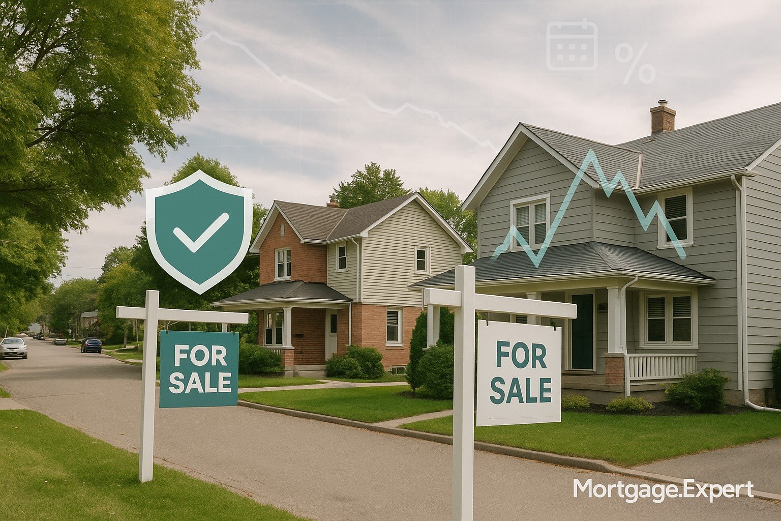 “Canadian suburban home with visual split between fixed-rate stability and variable-rate fluctuations, representing mortgage choice in 2025.”