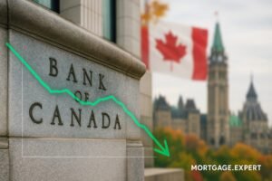 “Bank of Canada building with interest rate graph overlay showing a cut to 2.25% in October 2025.”