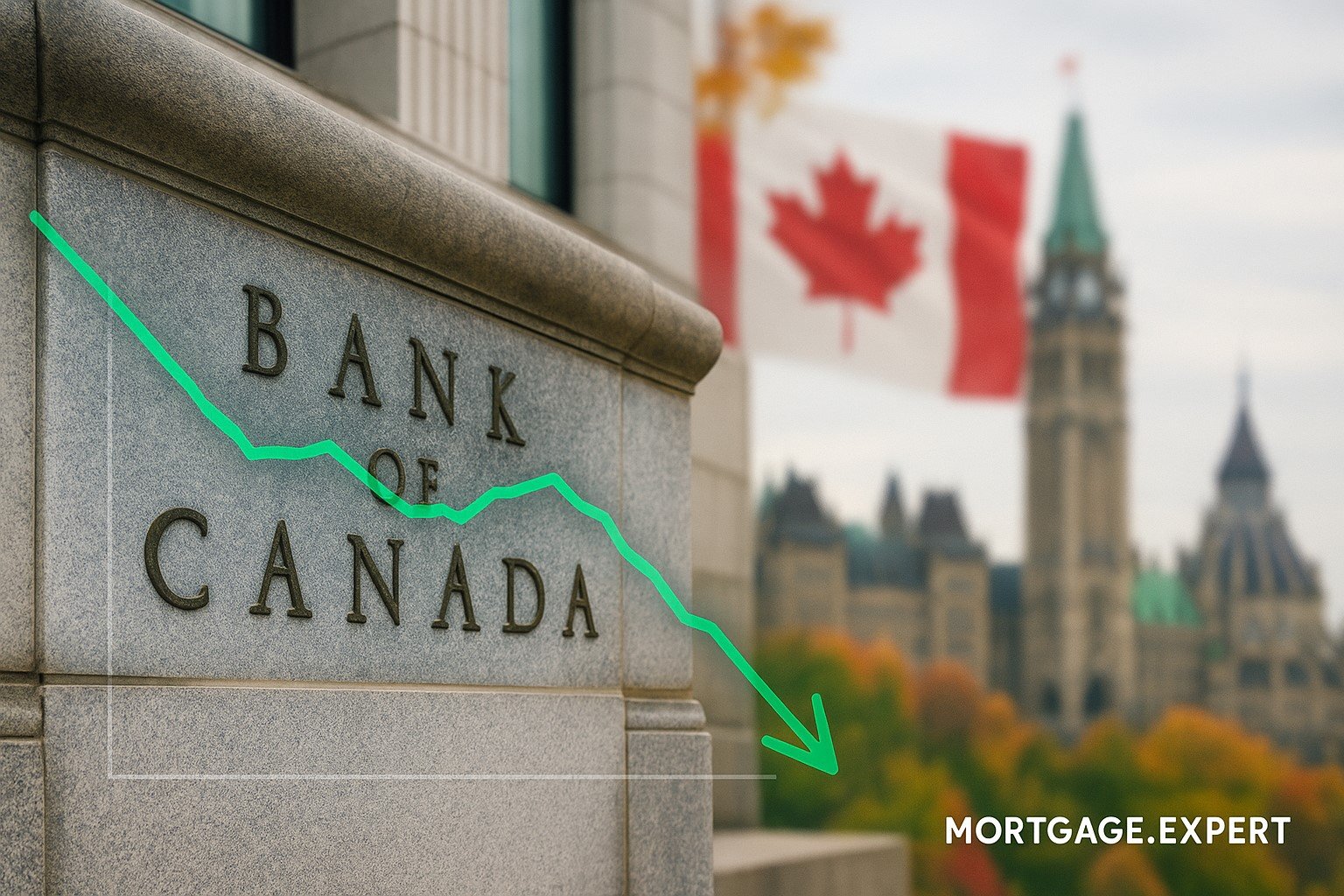 “Bank of Canada building with interest rate graph overlay showing a cut to 2.25% in October 2025.”