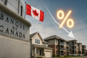 “Bank of Canada building with Canadian homes and falling interest rate graphic, symbolizing rate cut to 2.25%.”