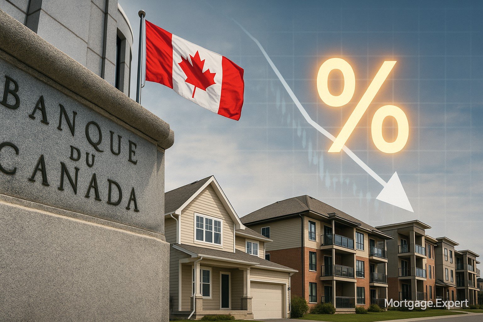 “Bank of Canada building with Canadian homes and falling interest rate graphic, symbolizing rate cut to 2.25%.”