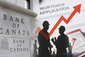 “Bank of Canada building with workers symbolizing job growth, overlaid with rising rate arrow, reflecting stalled rate cut hopes.”