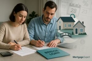 “Canadian homeowners reviewing bridge loan documents with two houses and calendar dates in the background.”