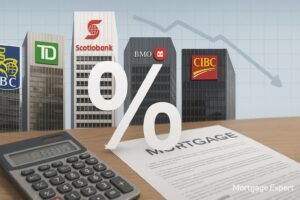 “Canada’s Big Six banks — RBC, TD, Scotiabank, BMO, CIBC, and NBC — shown with a large percentage symbol, calculator, and mortgage document on a desk, with a downward trend line indicating a 25-basis-point rate cut.”