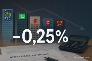“Skyline of Canada’s Big Six banks — RBC, TD, Scotiabank, BMO, CIBC, and NBC — with a bold −0.25% symbol in front of mortgage documents and a calculator, representing a 25-basis-point interest rate cut.”