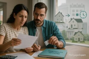 “Canadian homeowners comparing TD mortgage portability documents with two houses and calendar timeline in background.”