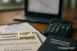 Canadian government bond certificate placed beside a mortgage contract folder and calculator on a desk, with a blurred financial chart in the background — symbolizing fixed mortgage rates linked to bond yields.
