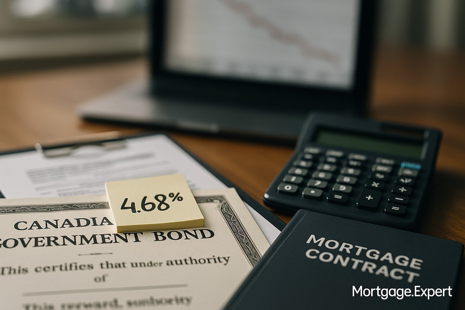 Canadian government bond certificate placed beside a mortgage contract folder and calculator on a desk, with a blurred financial chart in the background — symbolizing fixed mortgage rates linked to bond yields.