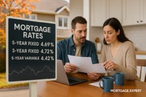 “Canadian couple reviewing mortgage documents at home with a laptop and coffee mugs, alongside a rate board showing 5-year fixed at 4.69%, 3-year fixed at 4.72%, and 5-year variable at 4.42%, autumn leaves visible outside.”