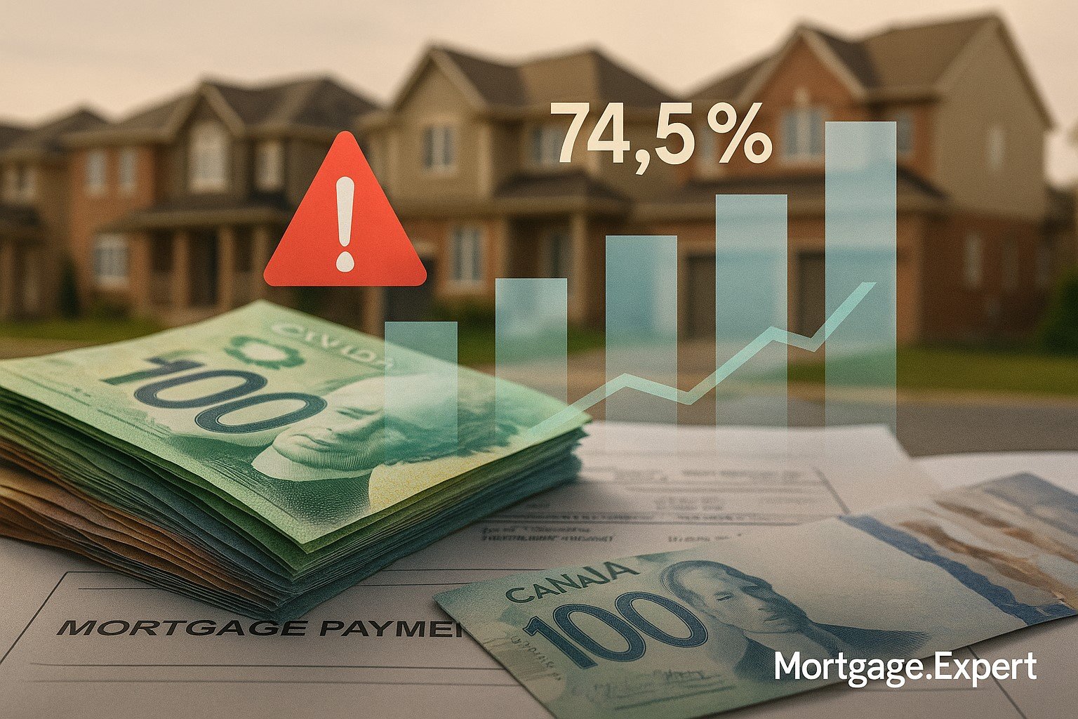 : “Canadian homes with mortgage documents and bar chart overlay showing 74.5% share of household debt.”