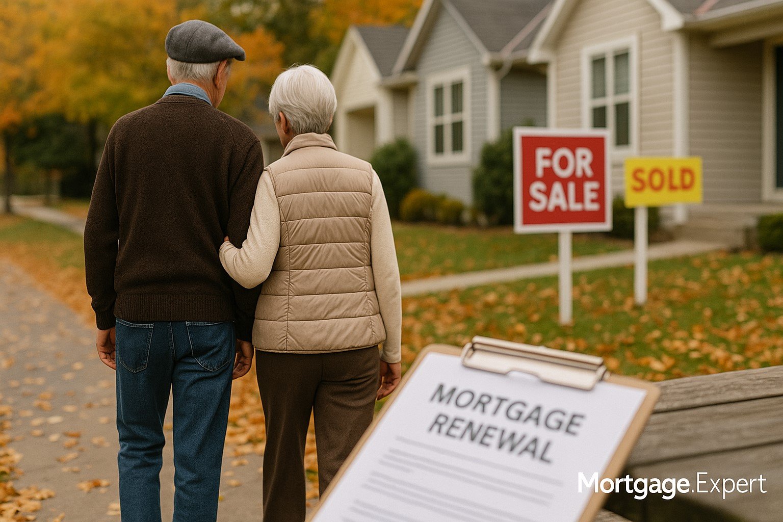 Elderly couple walking in a Canadian suburb with homes for sale, symbolizing aging population impact on housing demand.