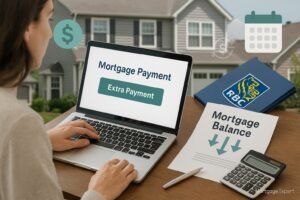 “Canadian homeowner making an extra mortgage payment online with RBC documents and suburban home in background.”