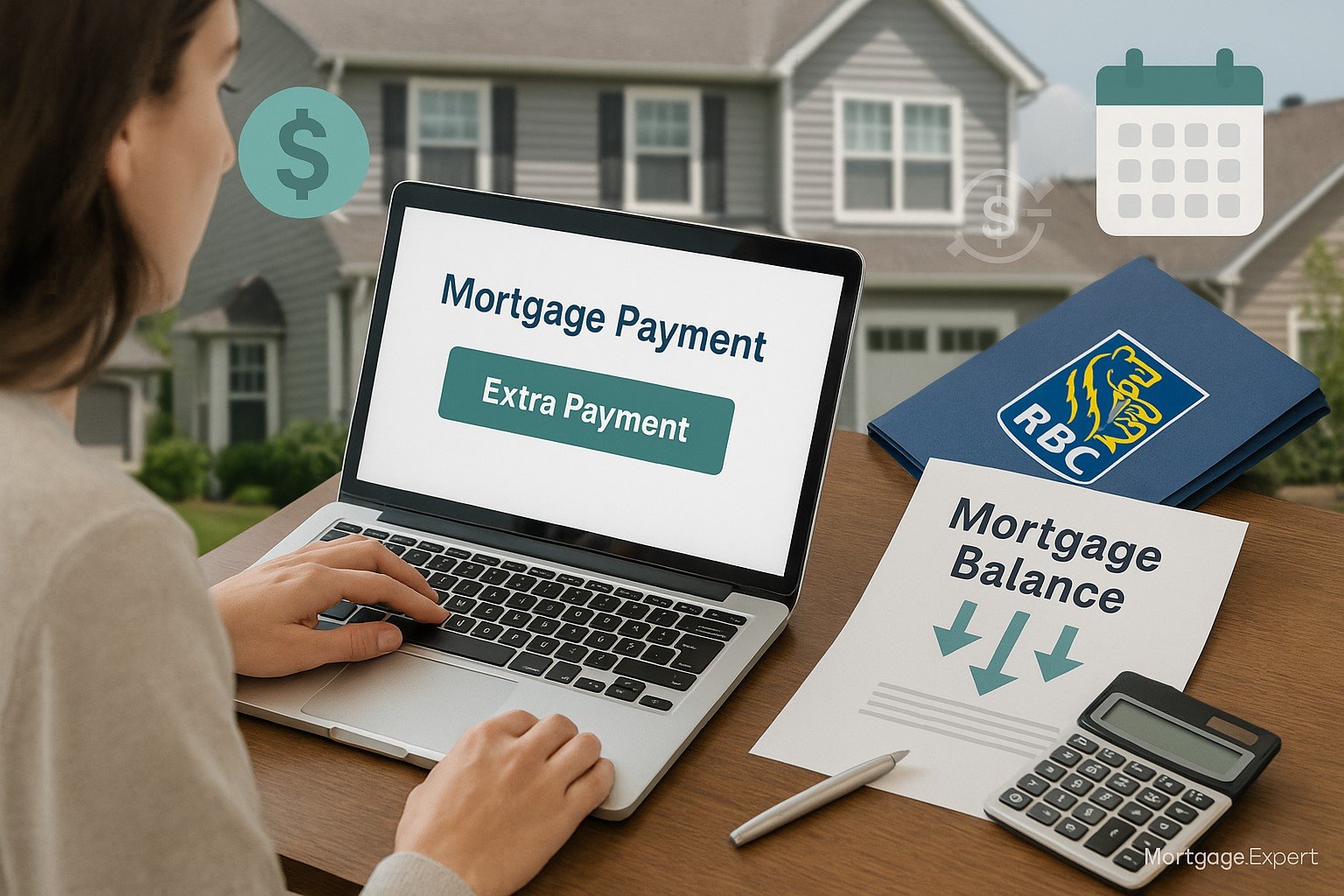 “Canadian homeowner making an extra mortgage payment online with RBC documents and suburban home in background.”