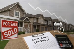 “Canadian homes and mortgage documents with falling rate graph and renewal calendar cue, symbolizing lower rates but higher renewal pressure.”