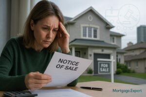 “Ontario homeowner reviewing a mortgage Notice of Sale document with house and For Sale sign in the background.”