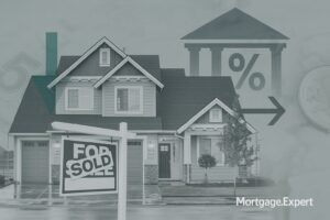 “Canadian suburban home with Bank of Canada building silhouette and interest rate arrows, symbolizing debate over October rate cut.”