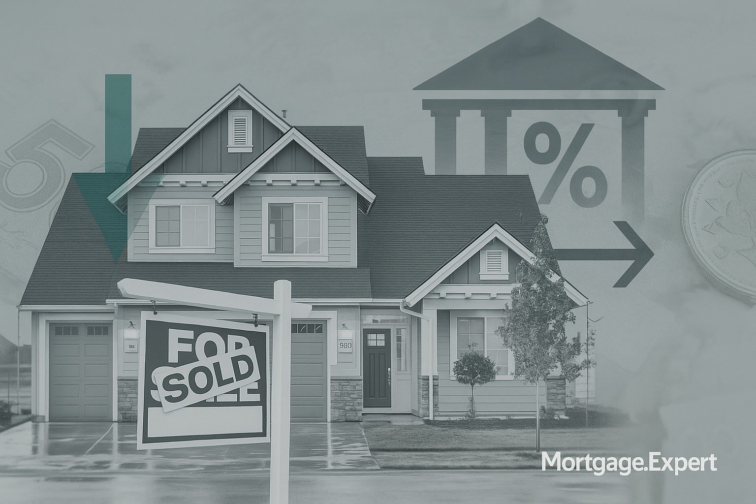 “Canadian suburban home with Bank of Canada building silhouette and interest rate arrows, symbolizing debate over October rate cut.”