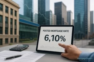 “Tablet displaying a 6.10% posted mortgage rate with a person pointing at the screen, shown against a backdrop of Toronto’s financial district with documents and a calculator on the table.”