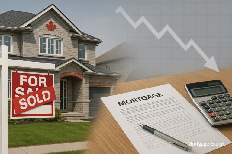 Canadian homeowner reviewing mortgage papers with calculator after banks lower prime rate to 4.45 %