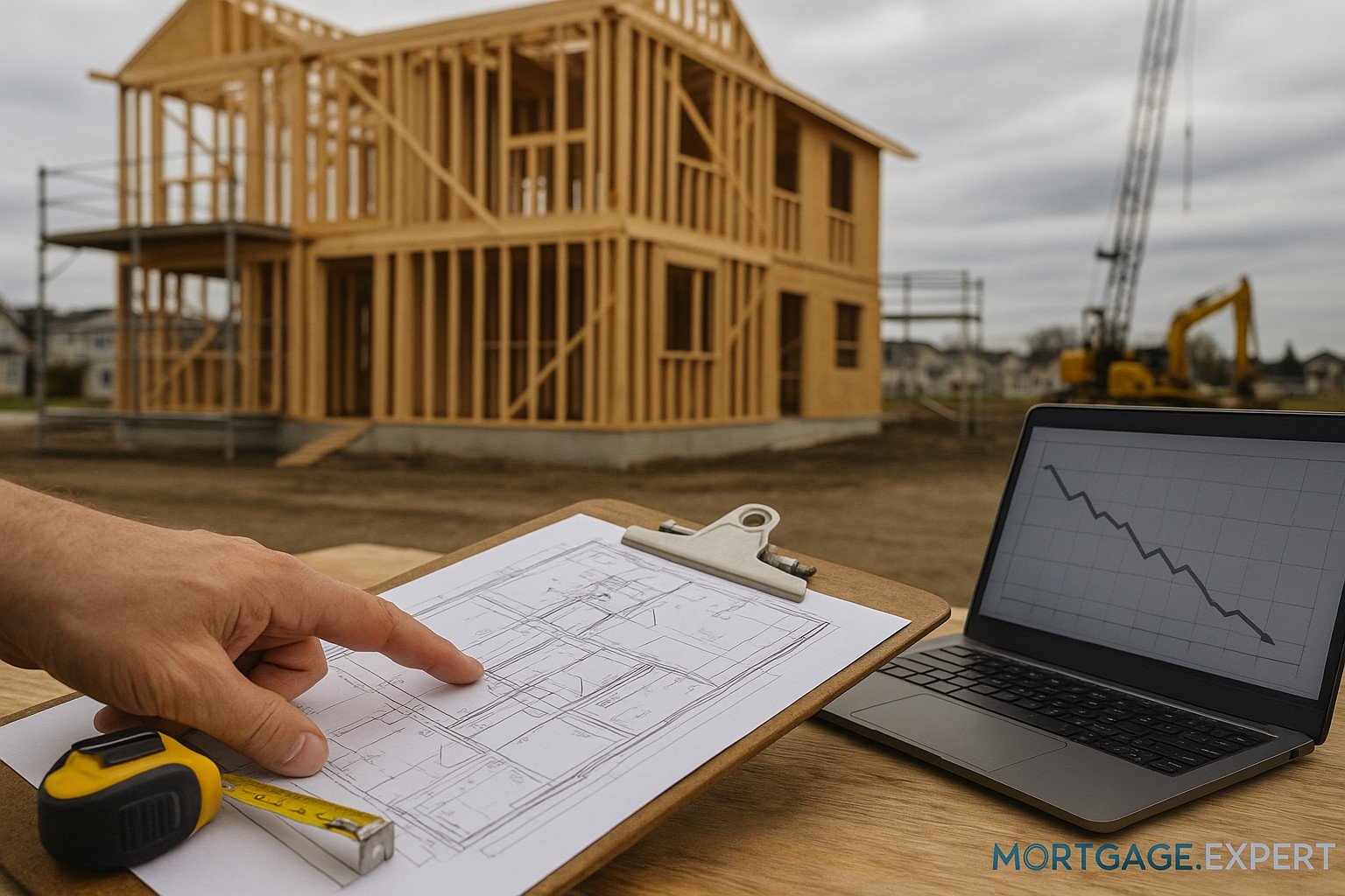 “Contractor reviewing house blueprints on a clipboard beside a laptop showing a downward construction trend, with a partially built Canadian home and scaffolding in the background.”