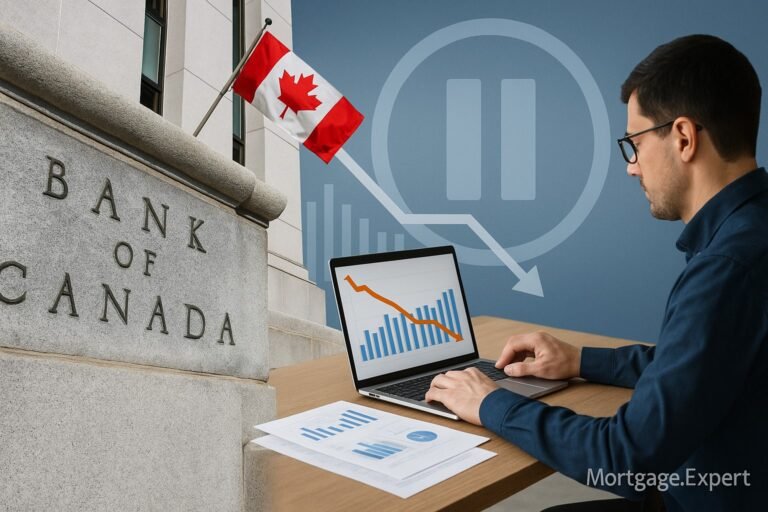 “Bank of Canada building in Ottawa with Canadian flag and financial analyst reviewing mortgage charts, symbolizing a cautious rate-pause stance.”