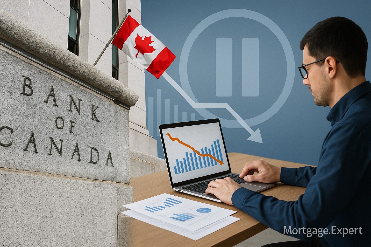 “Bank of Canada building in Ottawa with Canadian flag and financial analyst reviewing mortgage charts, symbolizing a cautious rate-pause stance.”