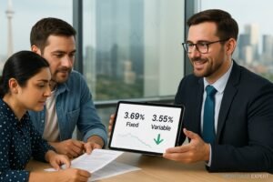“Canadian couple reviewing mortgage documents with a mortgage advisor displaying 3.69% fixed and 3.55% variable rates on a tablet, with Toronto skyline visible in the background.”