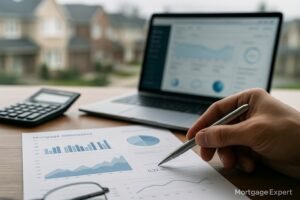 “Analyst reviewing a Canadian mortgage delinquency report with charts, calculator and suburban homes in the background.”