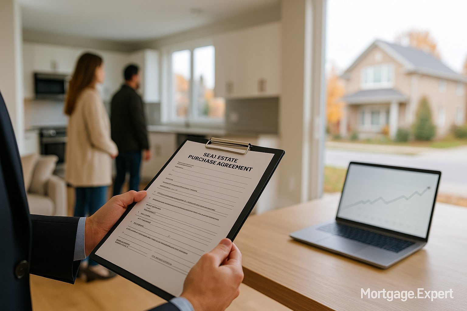 “A realtor holding a real-estate purchase agreement on a clipboard inside a modern Canadian home, with a couple viewing the property in the background and a laptop showing an upward sales trend on the table.”