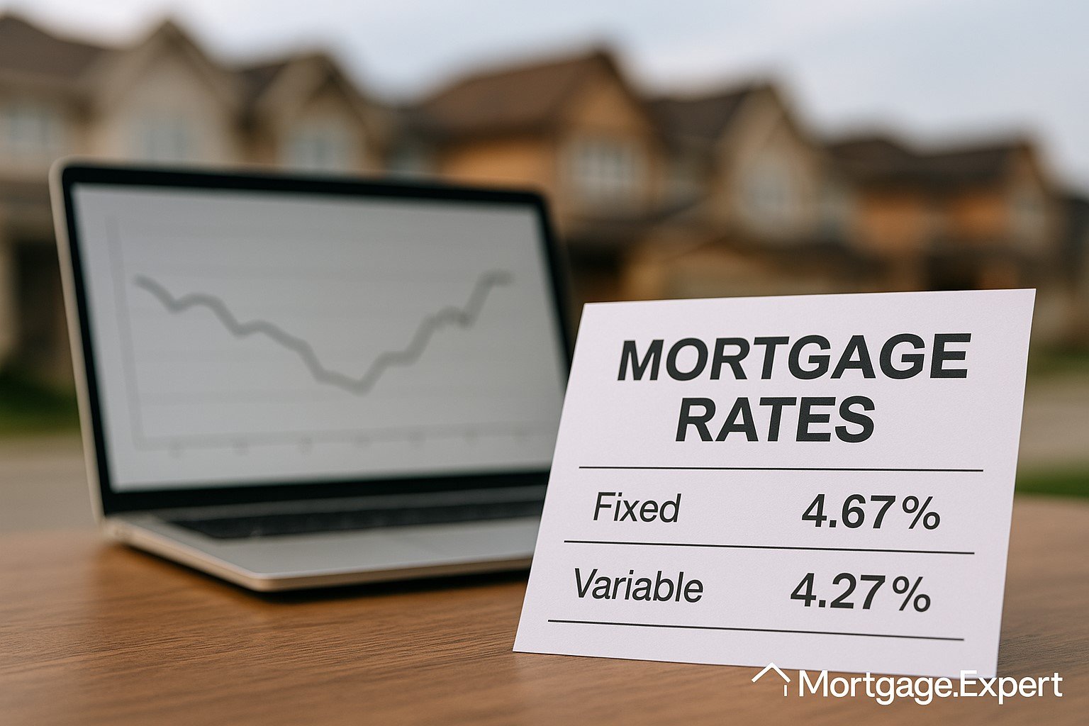 “A printed mortgage rate sheet showing fixed and variable rates placed on a wooden table, with a laptop displaying a neutral interest-rate line graph in the background and blurred Canadian suburban homes behind it. Mortgage.Expert watermark at the bottom-right.”
