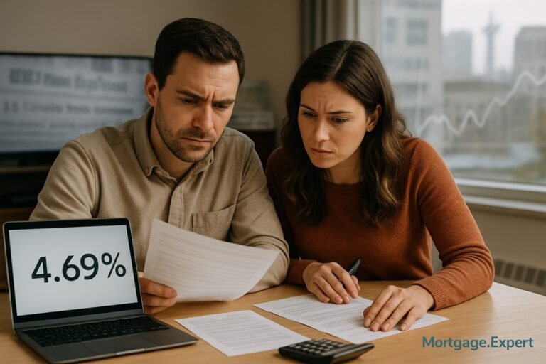 Canadian couple reviewing mortgage documents at home with a laptop showing a 4.69% rate, symbolizing market uncertainty during the U.S.–Canada trade standoff.
