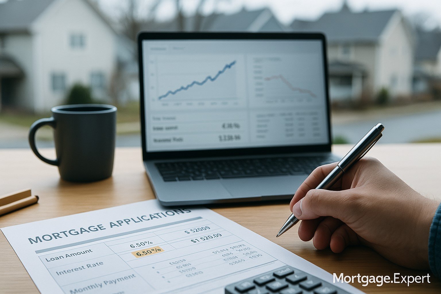 A mortgage application document with highlighted interest rates on a desk, beside a hand holding a pen, a calculator, and a laptop displaying rising and falling financial charts, with Canadian suburban homes visible in the background.