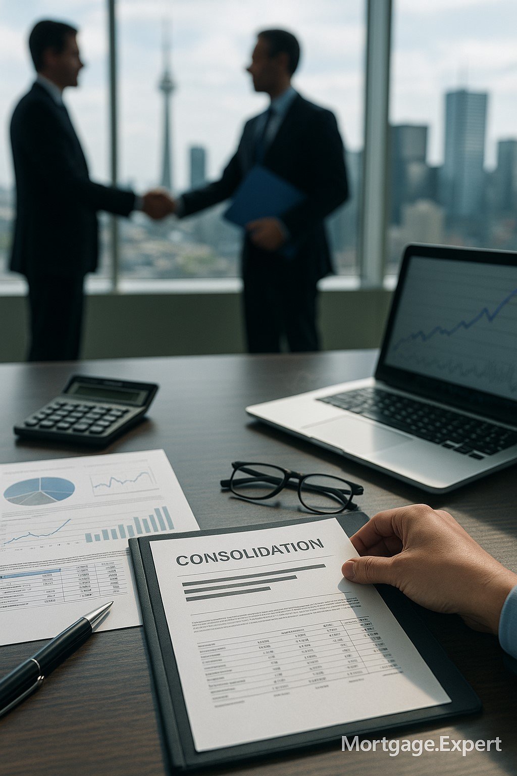 “A close-up view of mortgage consolidation documents on a boardroom table, with charts, a calculator, glasses, and a laptop in the foreground. In the background, two business professionals shake hands in front of the blurred Toronto skyline. Mortgage.Expert watermark visible at the bottom-right.”