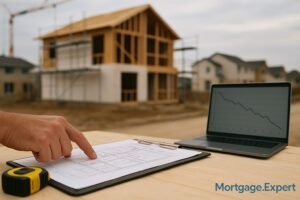 "Blueprints and a contractor’s hand on a construction table with a laptop showing a downward trend graph, set against a partially built Canadian home under construction."