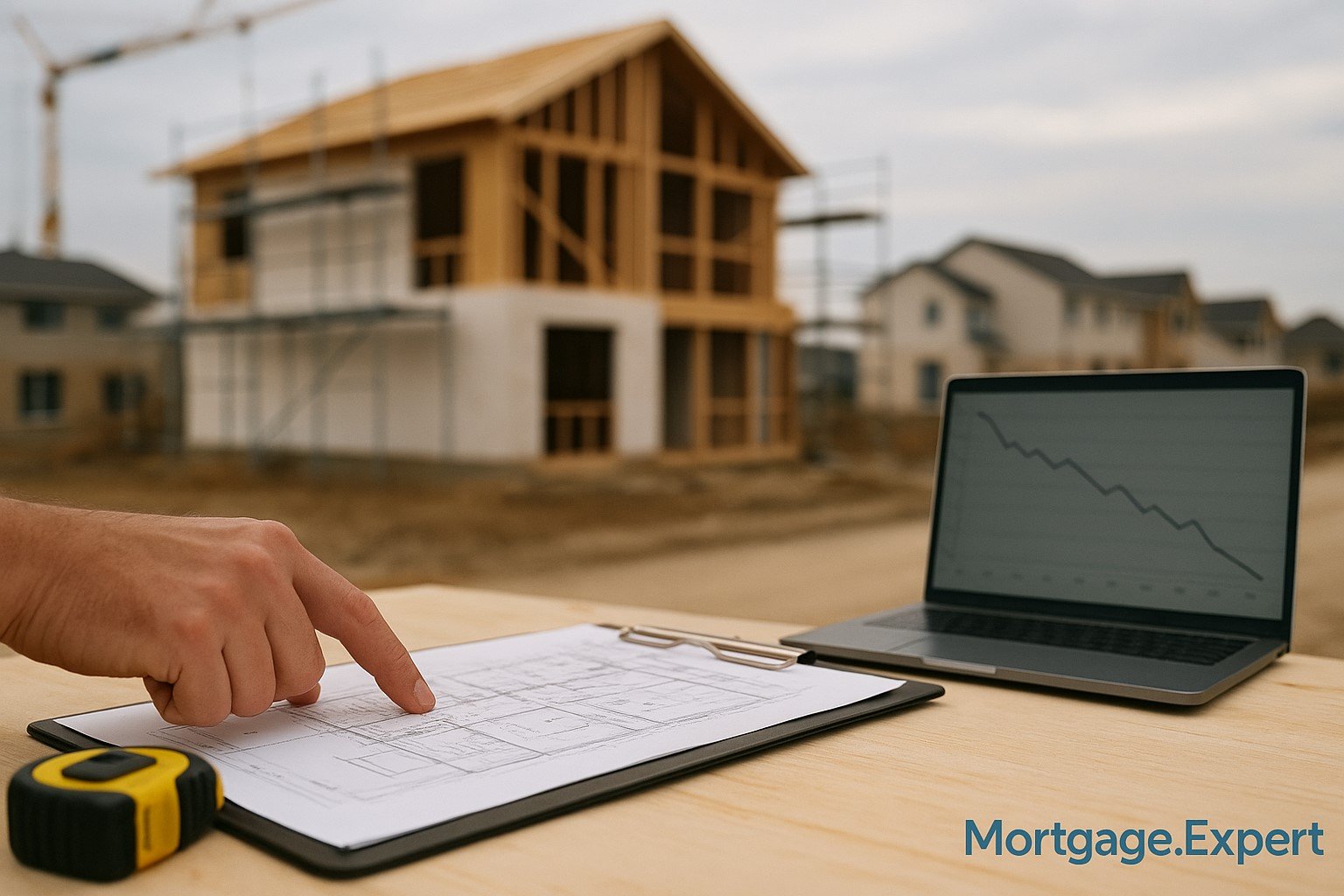 "Blueprints and a contractor’s hand on a construction table with a laptop showing a downward trend graph, set against a partially built Canadian home under construction."