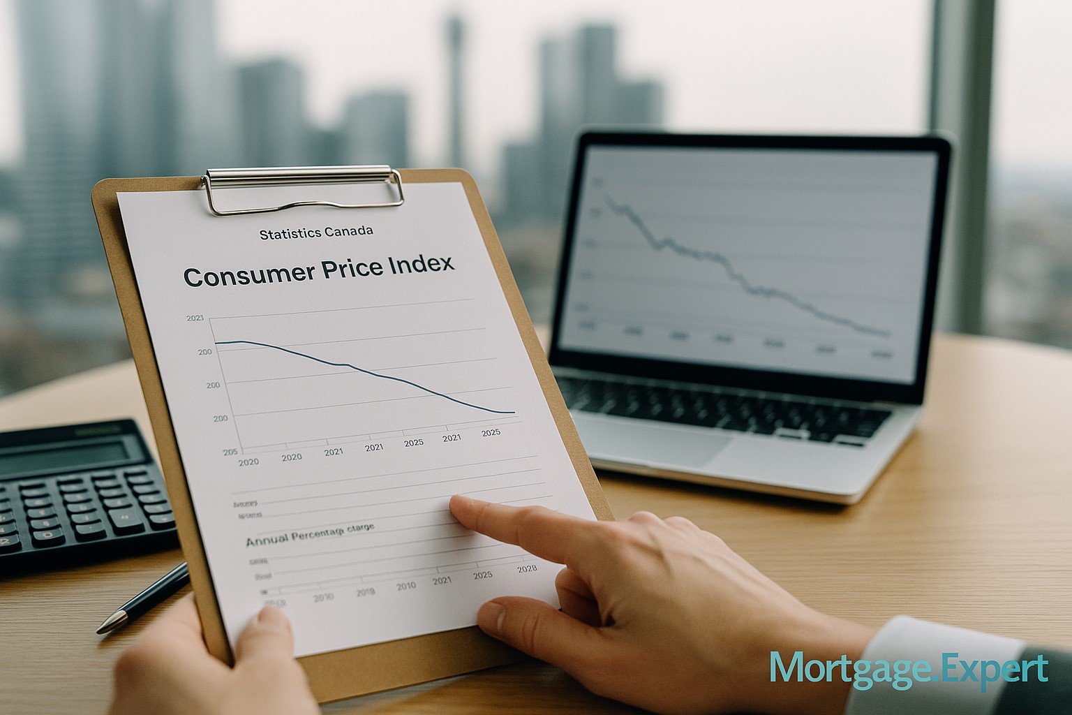 “A financial analyst reviews a Statistics Canada CPI report showing a declining inflation trend, with a laptop displaying a similar chart and the Toronto skyline blurred in the background. Mortgage.Expert watermark visible.”