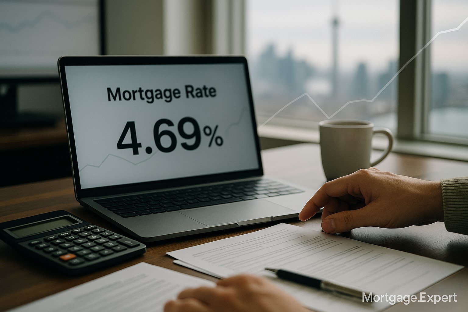 Canadian workspace with a laptop displaying a 4.69% mortgage rate, documents, calculator, and a blurred Toronto skyline in the background, symbolizing rate monitoring.