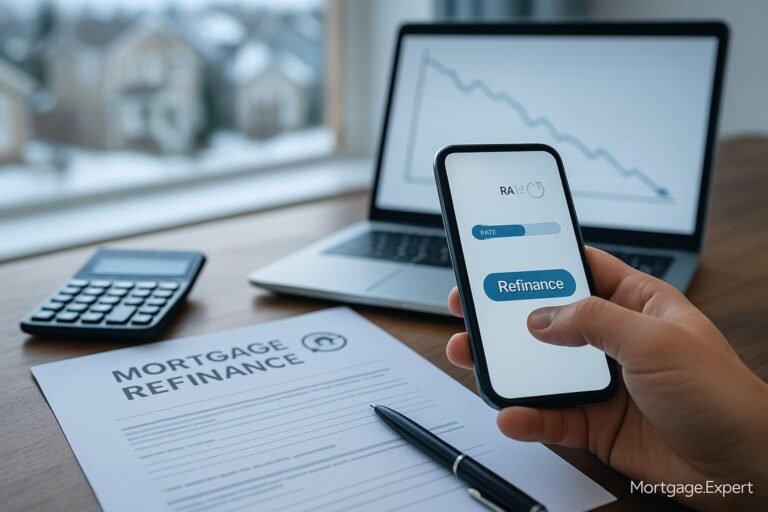 “Canadian homeowner reviewing refinance options on a smartphone with a mortgage document, calculator, and laptop showing a declining rate chart — Mortgage.Expert.”