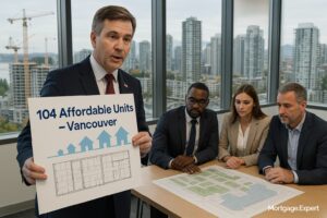 CMHC representative presenting plans for 104 new affordable housing units in Vancouver, with developers reviewing a site map and the city skyline with construction cranes in the background.
