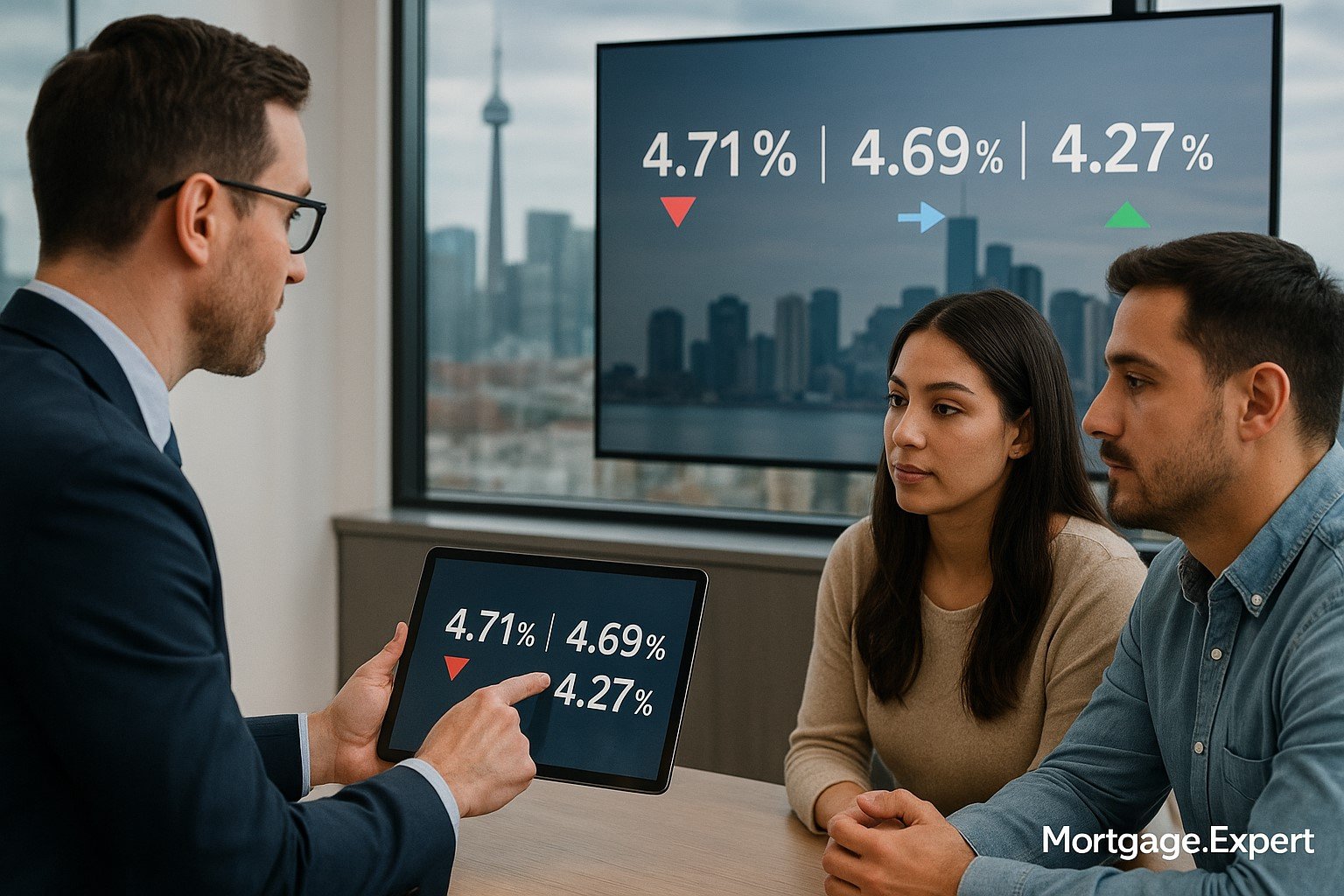 Mortgage advisor reviewing Canada’s 3-year, 5-year fixed and variable rates on tablet during November 2025 update.